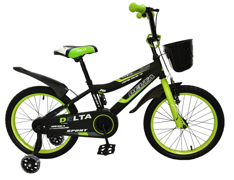 Детский велосипед Delta Sport 20 (черный/зеленый, 2019) с передним ручным V-BRAKE тормозом, шлемом, корзиной и светящимися полиуретановыми приставными колесиками - фото4