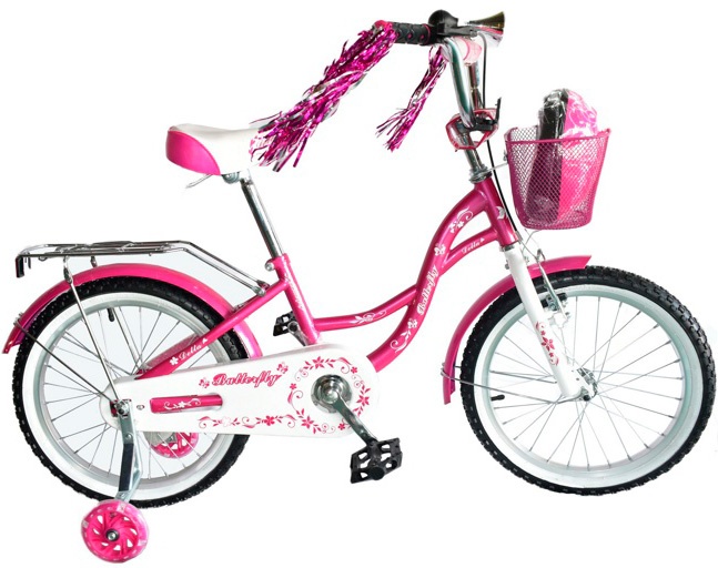 Детский велосипед Delta Butterfly 18 2020 (розовый) с передним ручным V-BRAKE тормозом, шлемом и мягкими светящимися полиуретановыми приставными колесами, мишурой в ручках руля