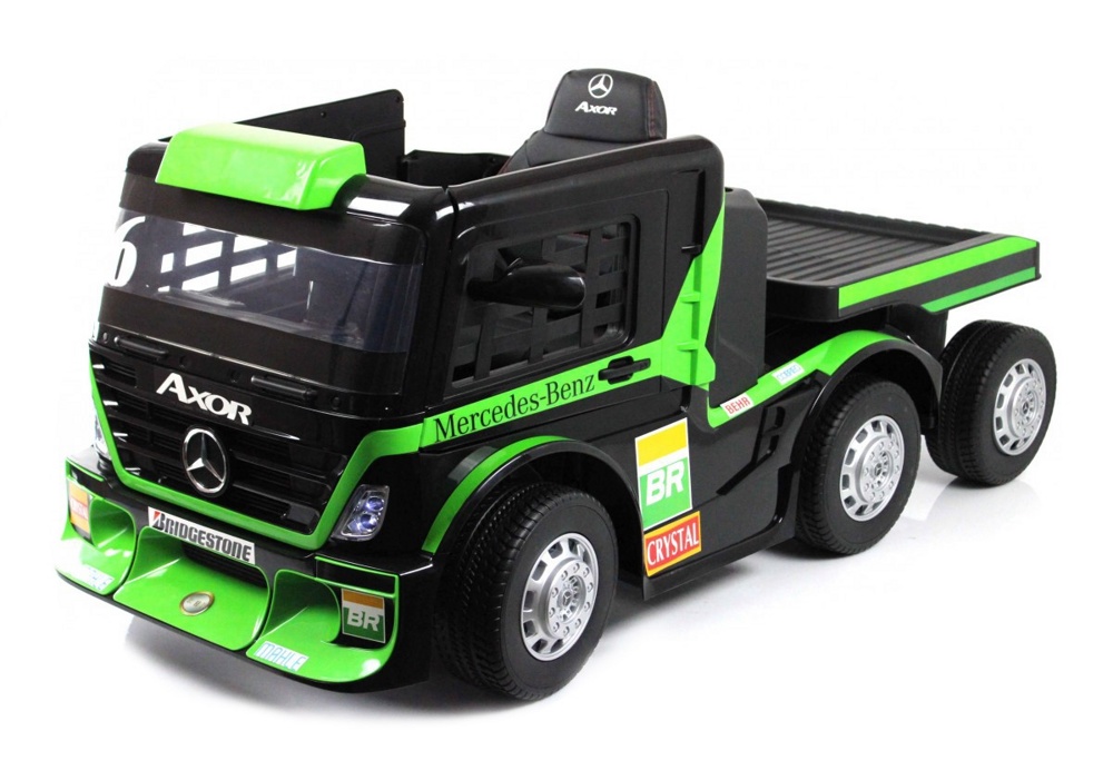 Детский электромобиль RiverToys Mercedes-Benz Axor с прицепом H777HH (зеленый) Лицензия с пультом