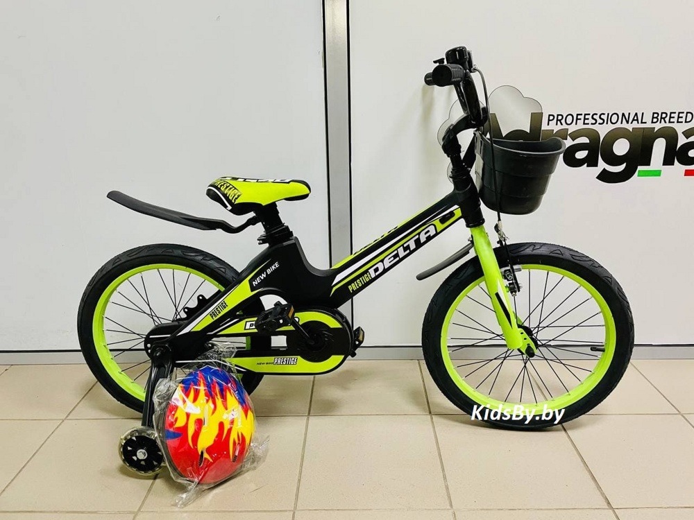 Детский велосипед Delta Prestige 18 2020 (с шлемом, черный/зеленый) с магниевой рамой и обычными спицованными колёсами