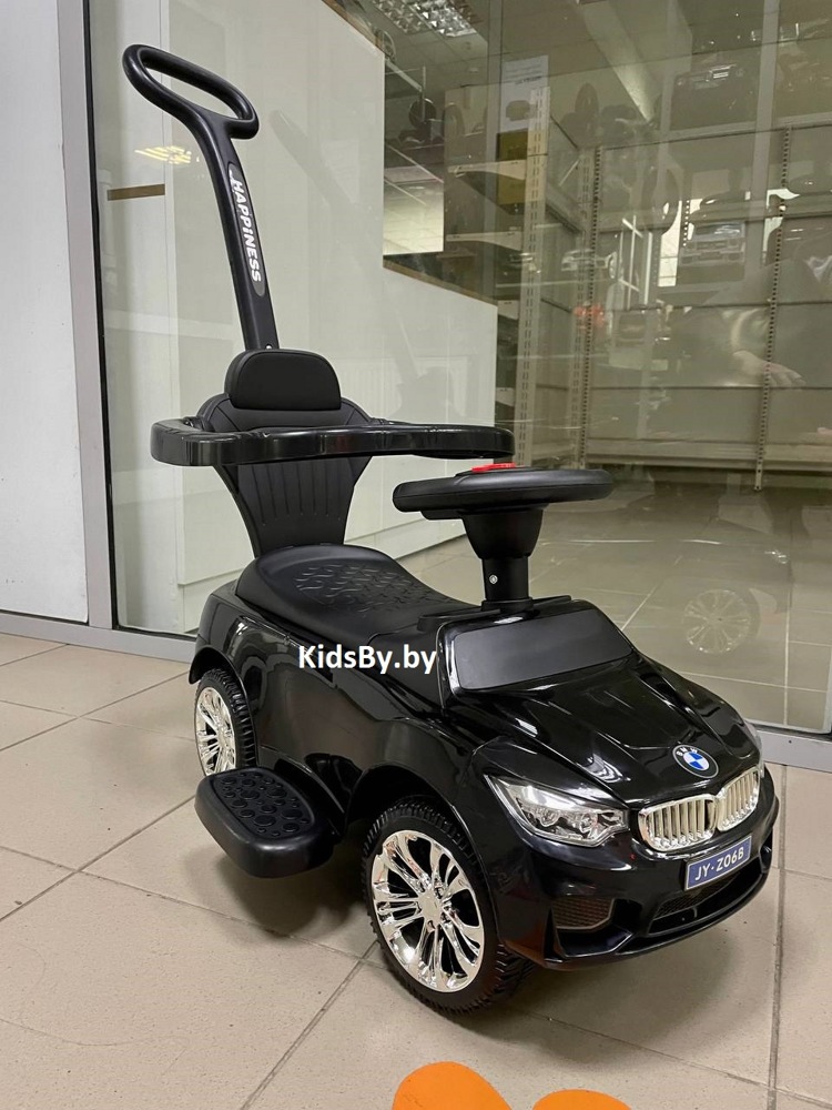 Детская машинка-каталка, толокар RiverToys BMW JY-Z06B (черный) с ручкой-управляшкой