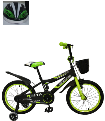 Детский велосипед Delta Sport 20 (черный/зеленый, 2019) с передним ручным V-BRAKE тормозом, шлемом, корзиной и светящимися полиуретановыми приставными колесиками - фото3