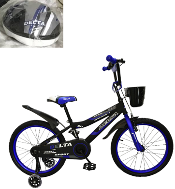 Детский велосипед Delta Sport 20 (черный/синий, 2019) с передним ручным V-BRAKE тормозом, шлемом, корзиной и светящимися полиуретановыми приставными колесиками