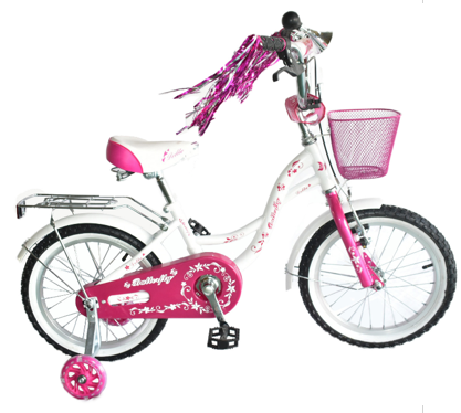 Детский велосипед Delta Butterfly 18 2020 (белый/розовый) с передним ручным V-BRAKE тормозом, шлемом и мягкими светящимися полиуретановыми приставными колесами, мишурой в ручках руля