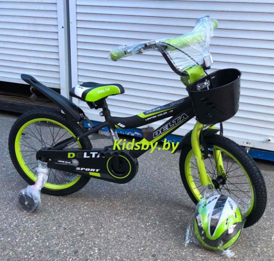 Детский велосипед Delta Sport 20 (черный/зеленый, 2019) с передним ручным V-BRAKE тормозом, шлемом, корзиной и светящимися полиуретановыми приставными колесиками - фото2