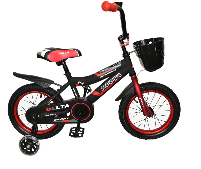 Детский велосипед Delta Sport 14 2020 (черный/красный) со шлемом, корзиной и светящимися полиуретановыми приставными колесиками - фото4