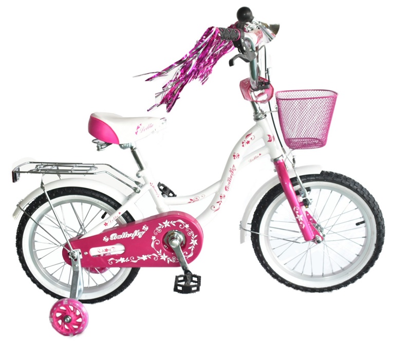 Детский велосипед Delta Butterfly 16 2020 (белый/розовый) с передним ручным V-BRAKE тормозом, шлемом и мягкими светящимися полиуретановыми приставными колесами, мишурой в ручках руля - фото2