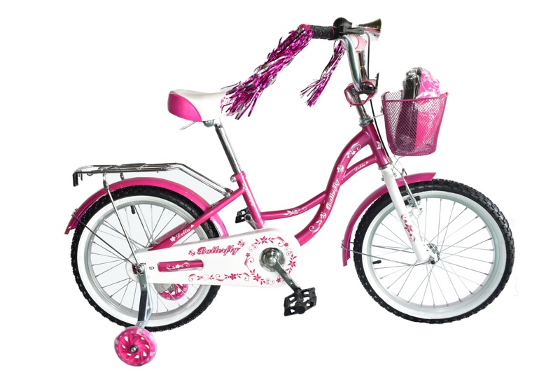 Детский велосипед Delta Butterfly 20 New (розовый) с передним ручным V-BRAKE тормозом, шлемом и мягкими светящимися полиуретановыми приставными колесами, мишурой в ручках руля - фото2