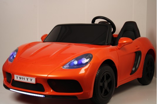 Детский электромобиль RiverToys Porsche Cayman T911TT (оранжевый глянец) автокраска полноприводный двухместный - фото