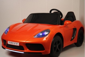 Детский электромобиль RiverToys Porsche Cayman T911TT (оранжевый глянец) автокраска полноприводный двухместный - фото