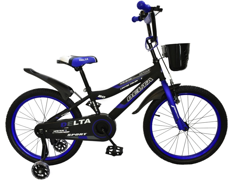 Детский велосипед Delta Sport 18 New (черный/синий) с передним ручным V-BRAKE тормозом, шлемом, корзиной и светящимися полиуретановыми приставными колесиками - фото2