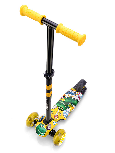Детский Трехколесный самокат Small Rider Turbo 2 Cartoons цвет желтый, зеленый дино со светящими колесами - фото