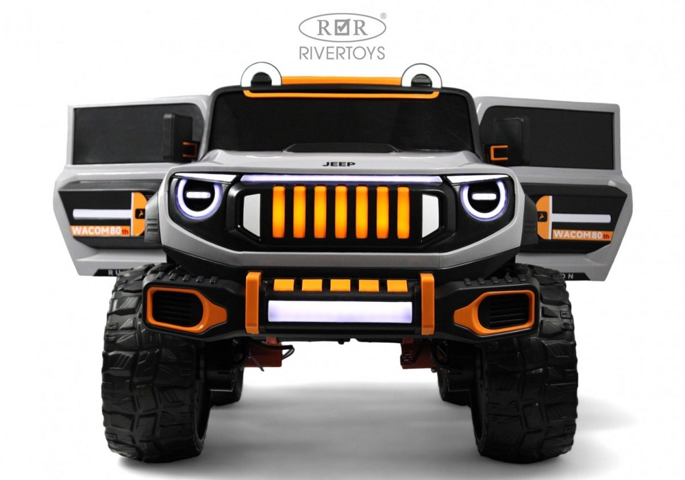 Детский электромобиль RiverToys E007EE (серо-оранжевый) Полноприводный Jeep Rubicon - фото2