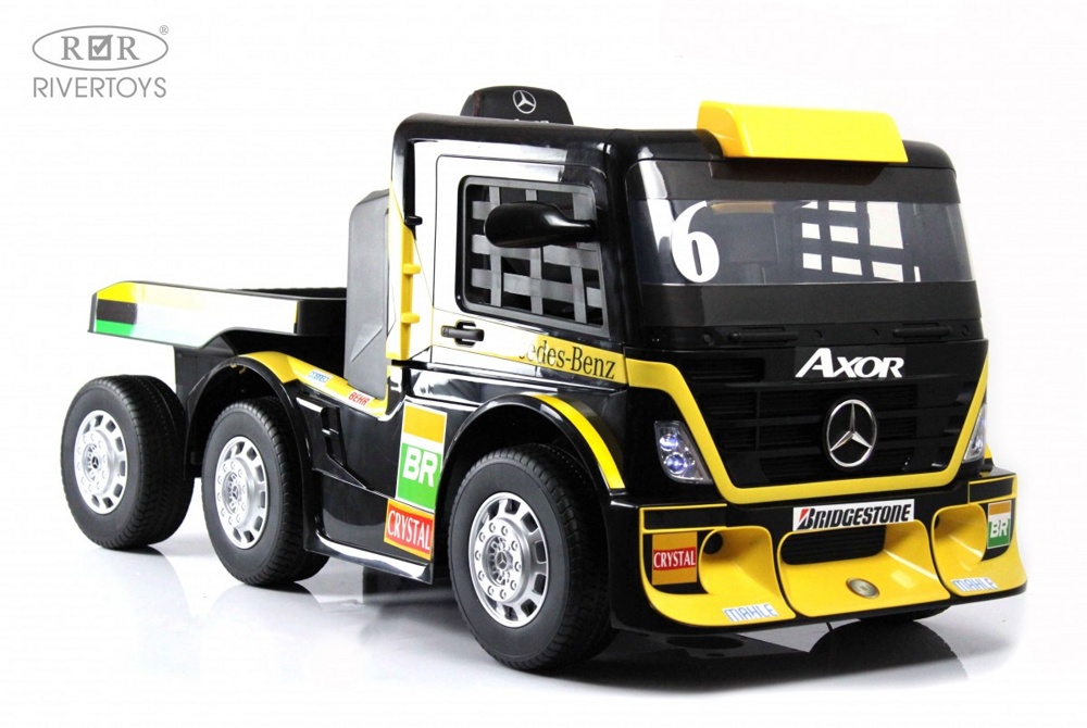 Детский электромобиль RiverToys Mercedes-Benz Axor с прицепом H777HH (желтый) Лицензия с пультом