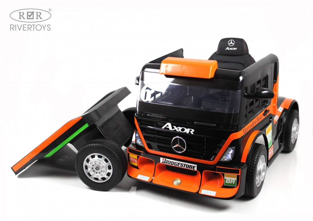 Детский электромобиль RiverToys Mercedes-Benz Axor с прицепом H777HH (оранжевый) Лицензия с пультом - фото5