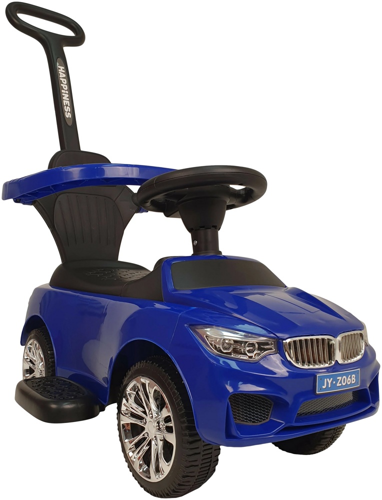 Детская машинка-каталка, толокар RiverToys BMW JY-Z06B (синий/черный) с ручкой-управляшкой
