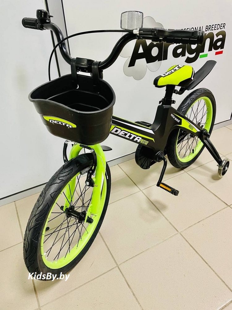 Детский велосипед Delta Prestige 18 2020 (с шлемом, черный/зеленый) с магниевой рамой и обычными спицованными колёсами - фото3