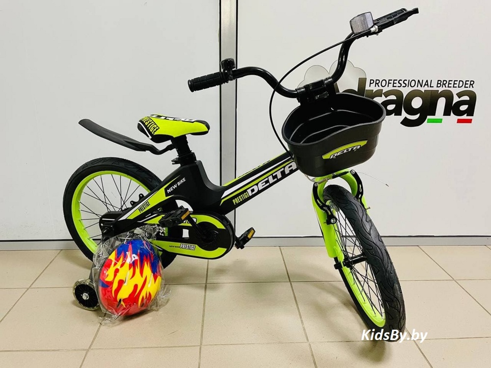 Детский велосипед Delta Prestige 18 2020 (с шлемом, черный/зеленый) с магниевой рамой и обычными спицованными колёсами - фото2