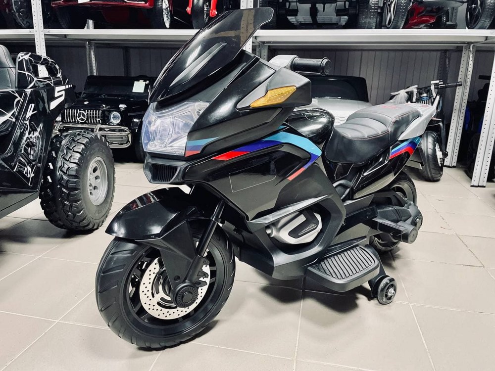 Детский электромотоцикл RiverToys H222HH (черный) BMW двухместный - фото