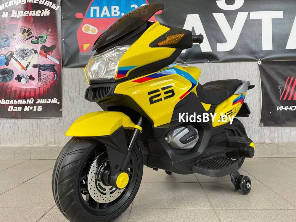 Детский электромотоцикл RiverToys H222HH (желтый) BMW двухместный