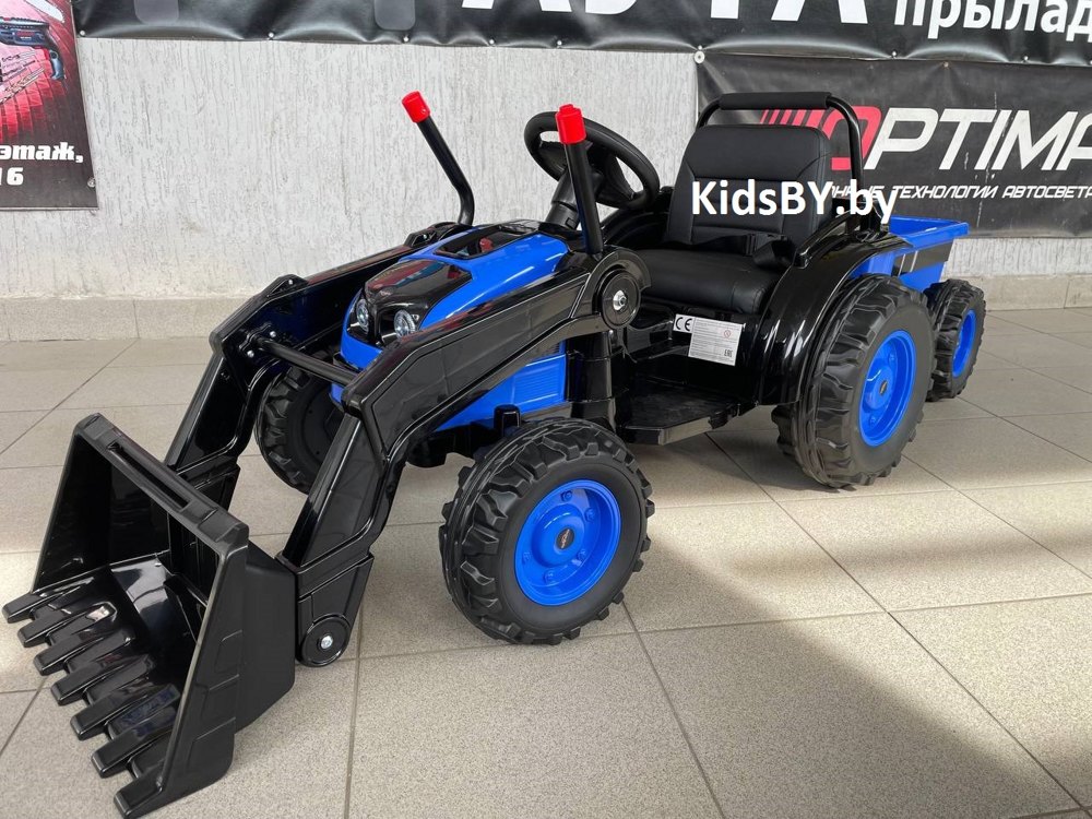 Детский электромобиль, трактор-погрузчик с прицепом RiverToys HL395 (синий)