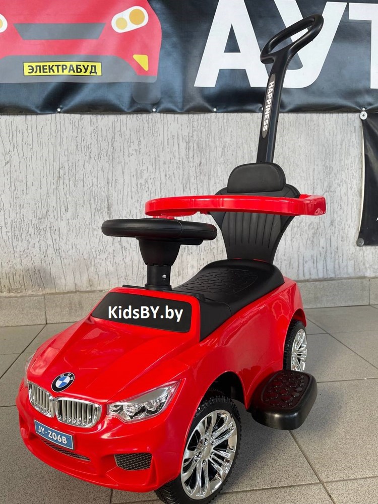 Детская машинка-каталка, толокар RiverToys BMW JY-Z06B (красный/черный) с ручкой-управляшкой - фото4