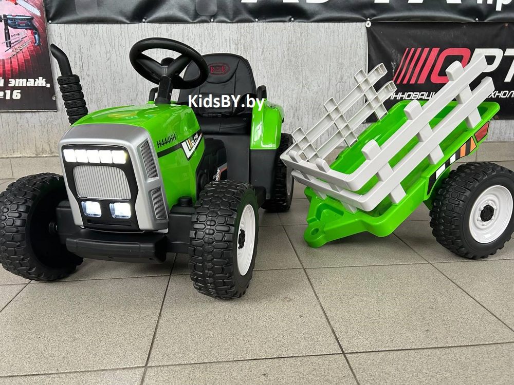 Детский электромобиль RiverToys H444HH (зеленый) трактор с прицепом и пультом - фото5