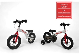 Беговел-велосипед Bubago Rollin BG-112-1 (белый/красный) надувные светящиеся колеса, съемный блок для педалей с приставными колесами - фото