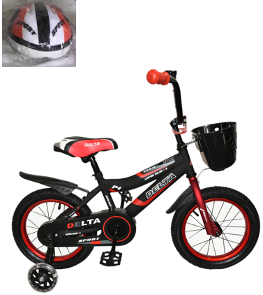Детский велосипед Delta Sport 18 (черный/красный, 2019) с передним ручным V-BRAKE тормозом, шлемом, корзиной и светящимися полиуретановыми приставными колесиками - фото4
