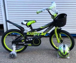 Детский велосипед Delta Sport 18 (черный/зеленый, 2019) с передним ручным V-BRAKE тормозом, шлемом, корзиной и светящимися полиуретановыми приставными колесиками - фото