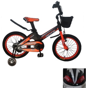 Детский велосипед Delta Sport 20 New (черный/оранжевый) с передним ручным V-BRAKE тормозом, шлемом, корзиной и светящимися полиуретановыми приставными колесиками - фото
