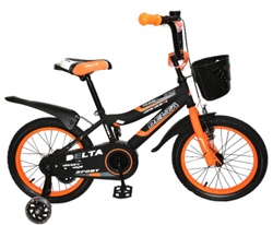 Детский велосипед Delta Sport 16 (черный/оранжевый, 2019) с передним ручным V-BRAKE тормозом, шлемом, корзиной и светящимися полиуретановыми приставными колесиками - фото